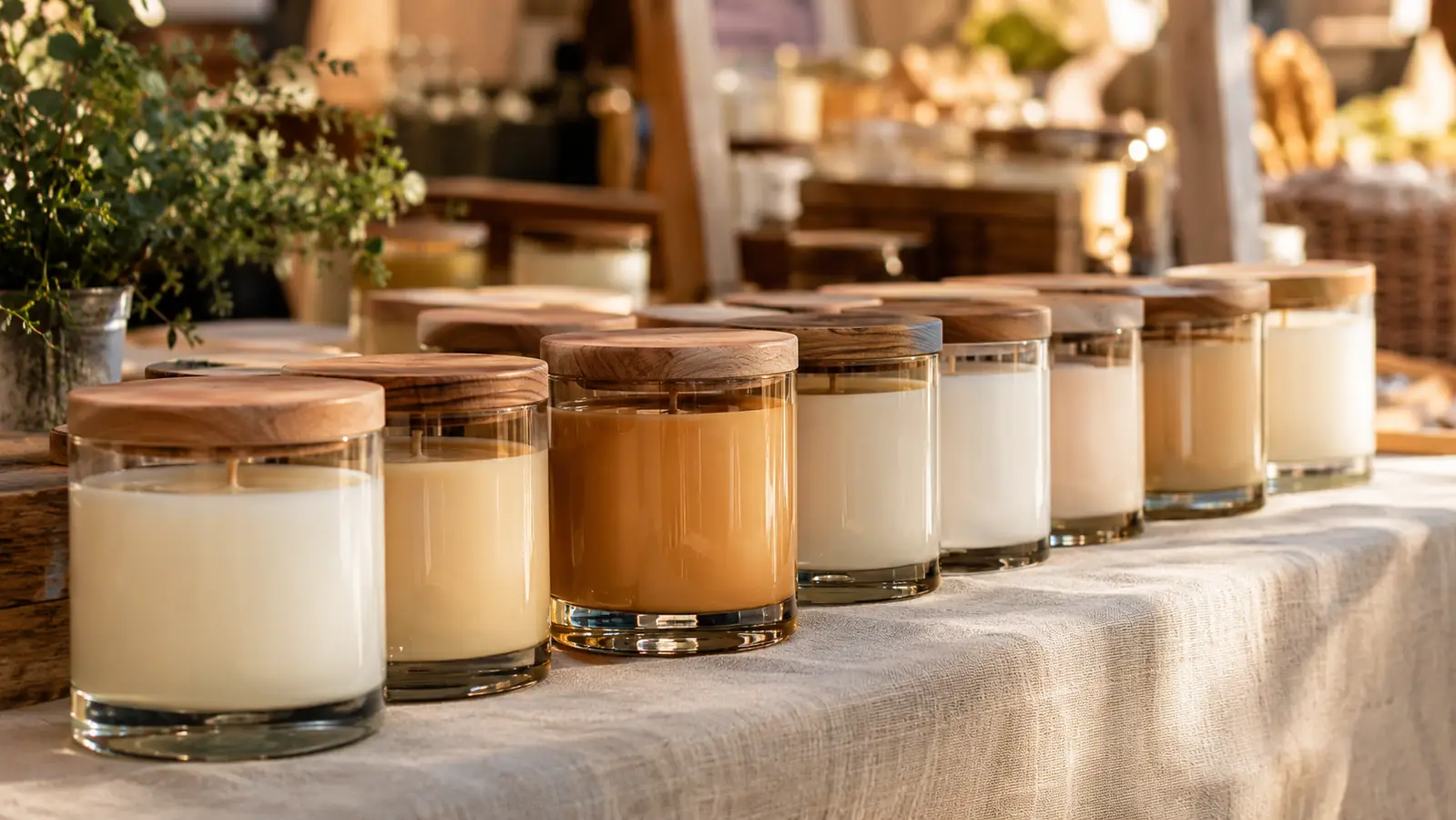 A neat row of candles in glass jars with wood lids on a market table