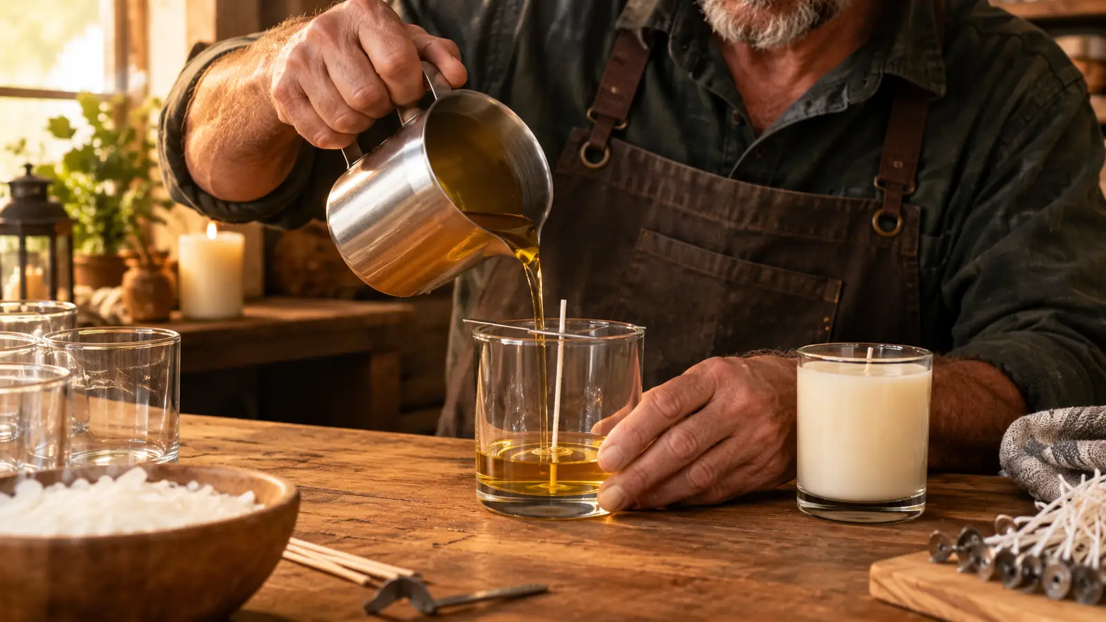 A hand pouring melted wax from a small pitcher into a clear glass candle jar on a workbench