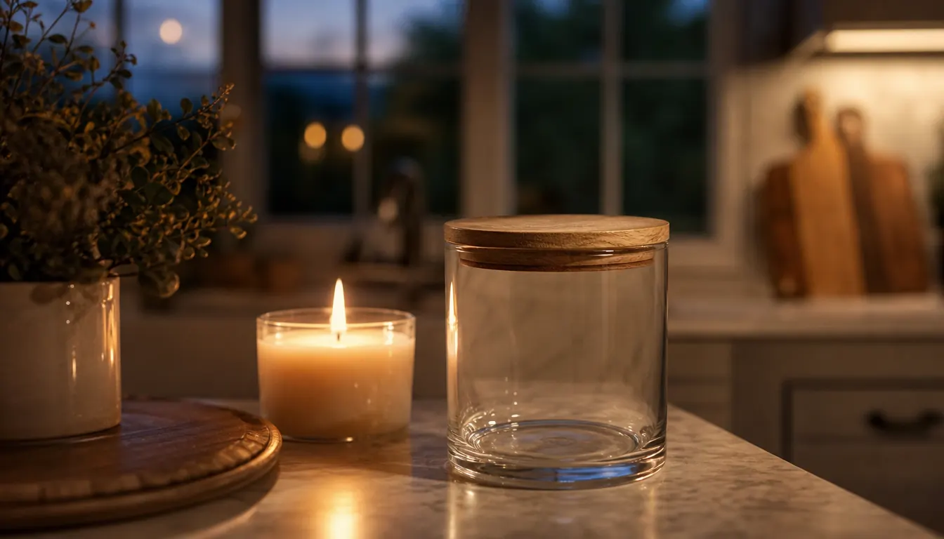 A clear glass candle jar with a wood lid sitting on a kitchen counter next to a lit candle