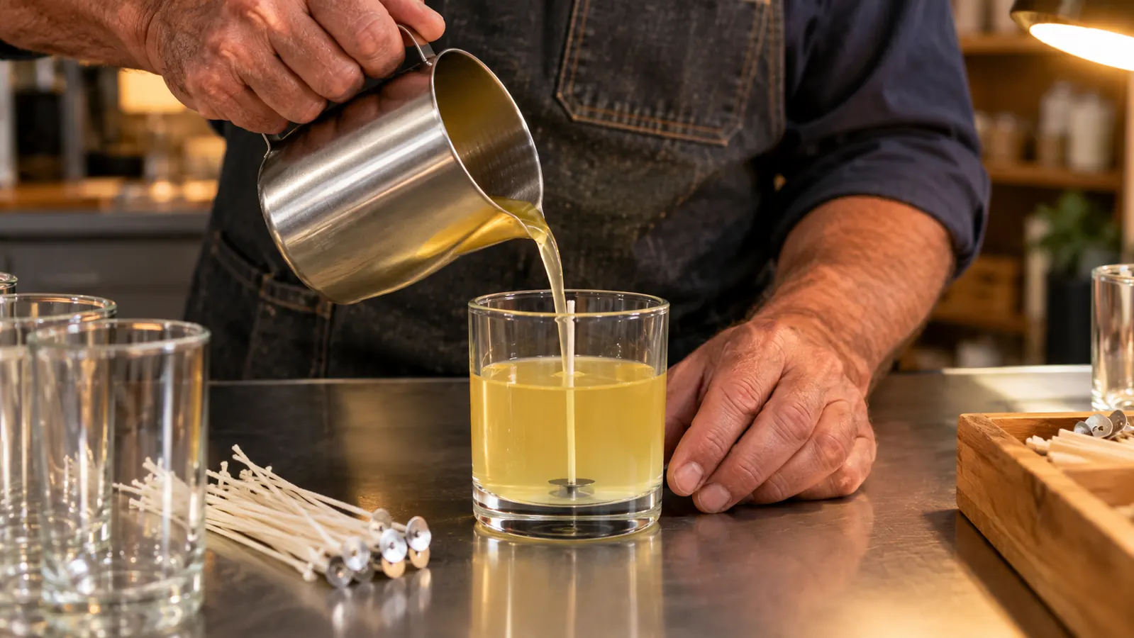 A hand pouring melted wax from a small pitcher into a clear glass candle jar on a stainless steel work table