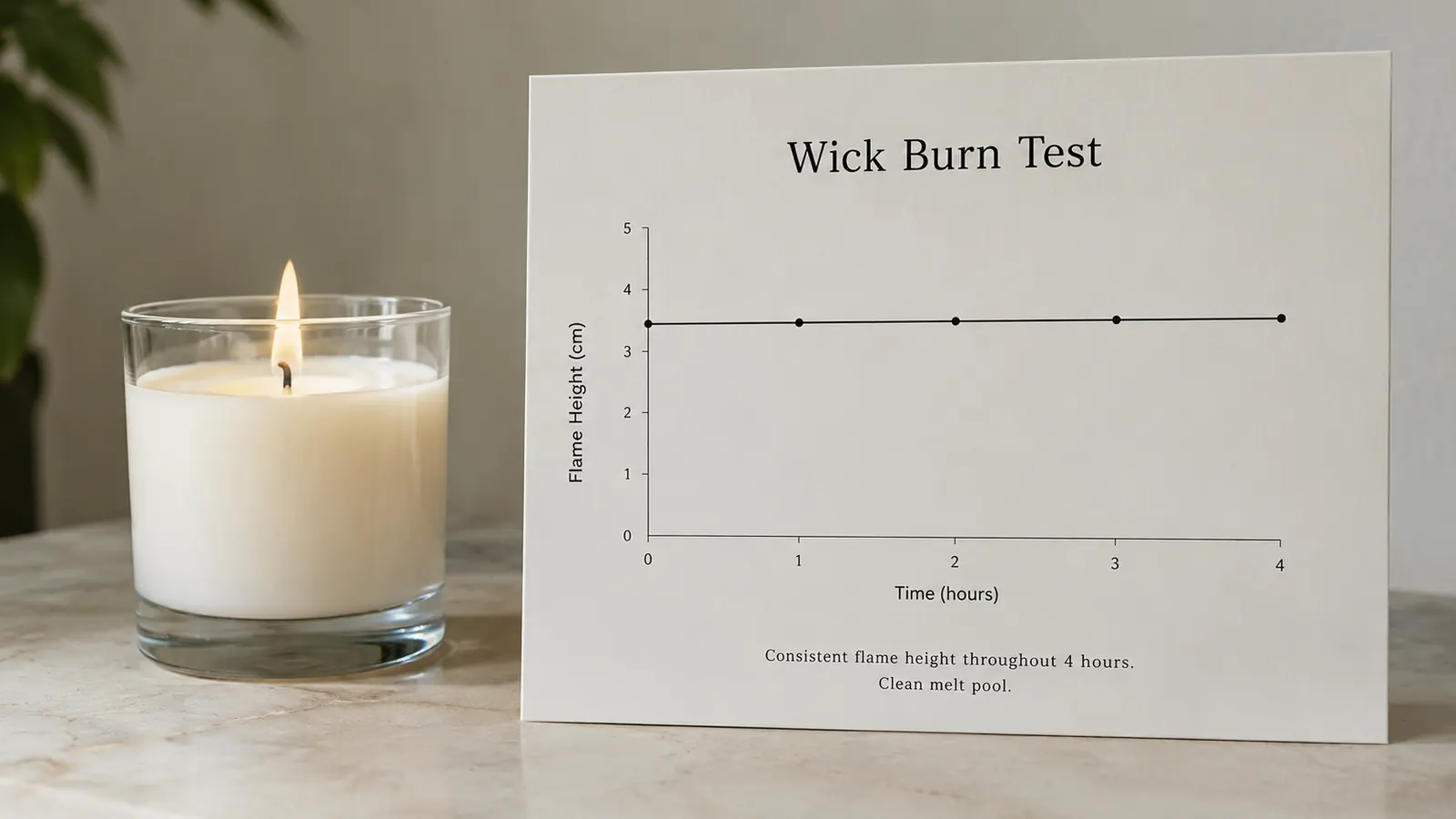 A simple line chart showing a wick burn test over four hours with a steady flame height and a clean melt pool