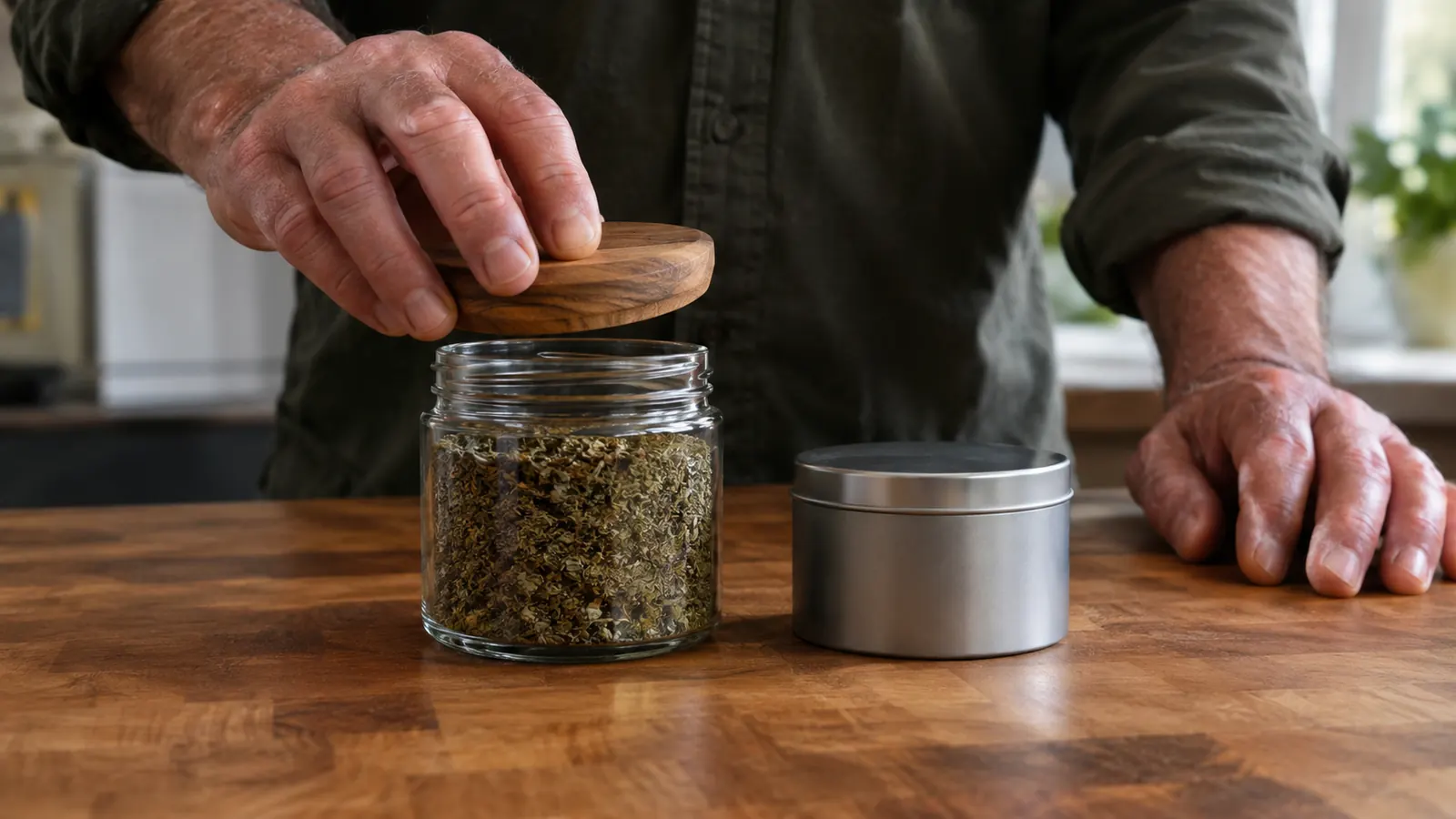 A hand placing a wooden lid on a glass candle jar next to a small metal candle tin on a workbench