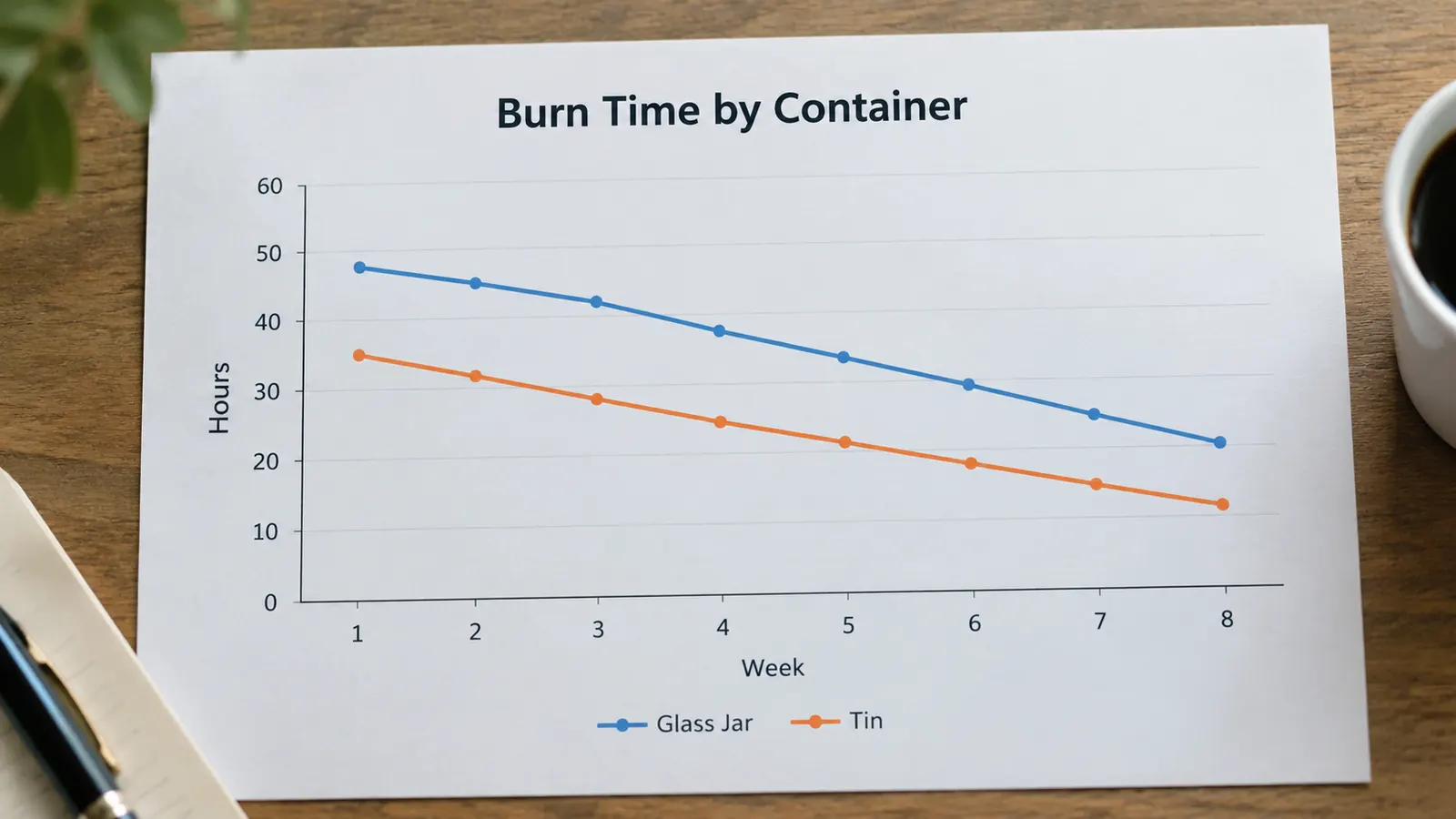 A simple line chart comparing glass jar and tin candle burn times over four weeks